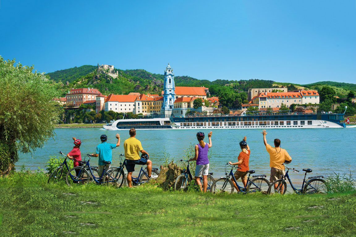 AmaWaterways' AmaMagna is shown on the Danube River. Many more fitness options are now available such as hiking and biking tours. 