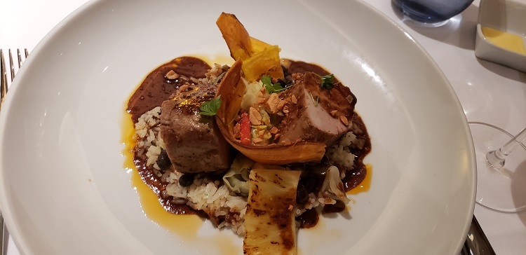 Jerk Pork Tenderloin entree in Main Dining room of Rotterdam. Photo by Susan J. Young