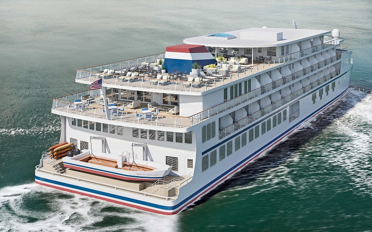 A rendering of a Project Blue coastal ship's aft exterior. Rendering by American Cruise Lines 