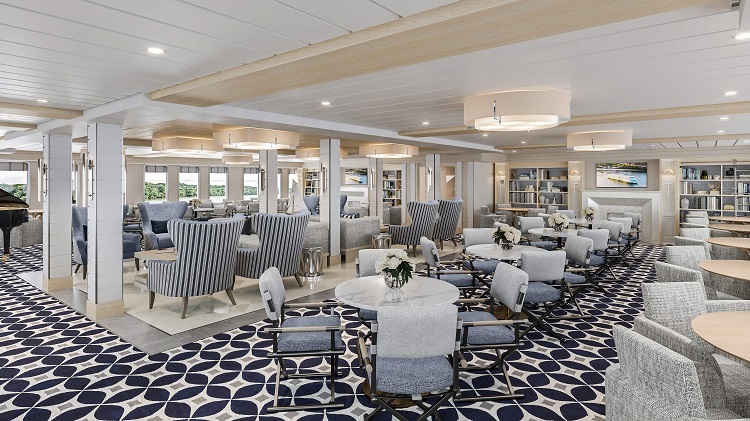 Rendering of the Forward Lounge on Project Blue ships. Photo by American Cruise Lines