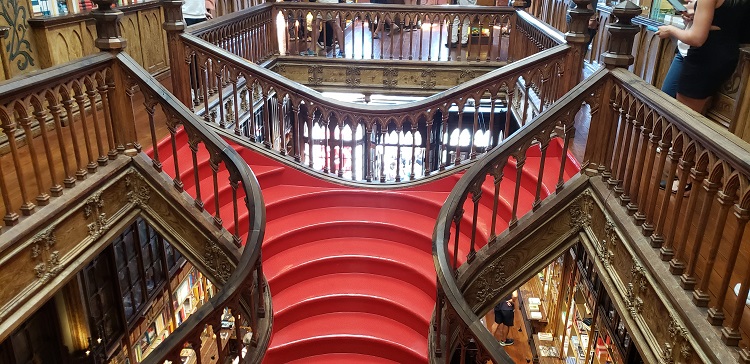 Grand staircase of Livraria Lello, a historic bookshop in Porto, Portugal. Photo by Susan J. Young