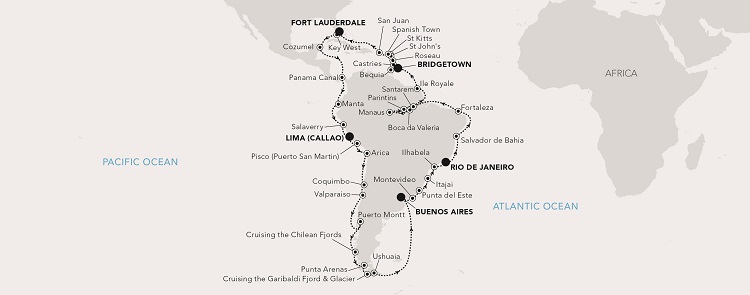 Map of Silver Nova's 2024 Grand Voyage around South America. Photo by Silversea Cruises