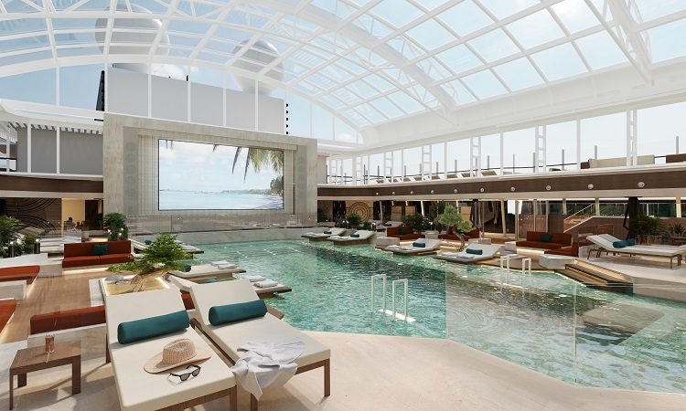 Explora I's indoor pool (one of four pools) with a retractable roof. Photo by Explora Journeys.