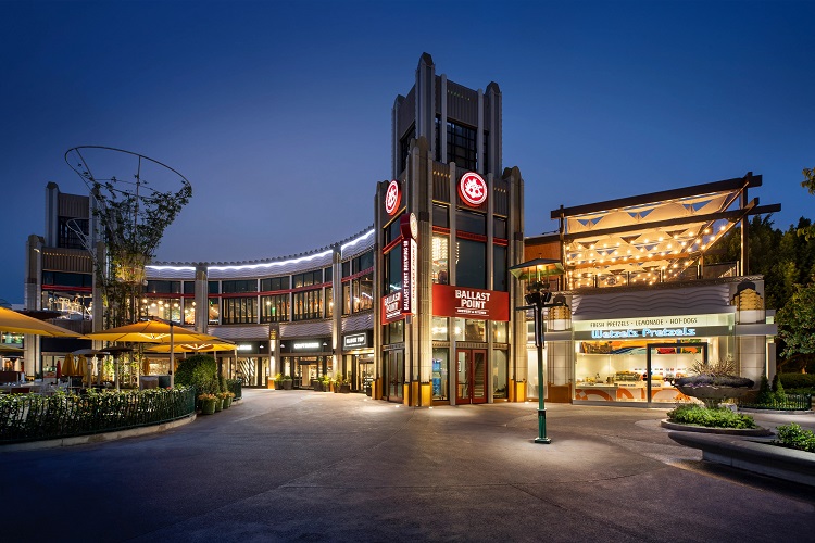 Downtown Disney District is shown at night. Photo by Disneyland Resort.