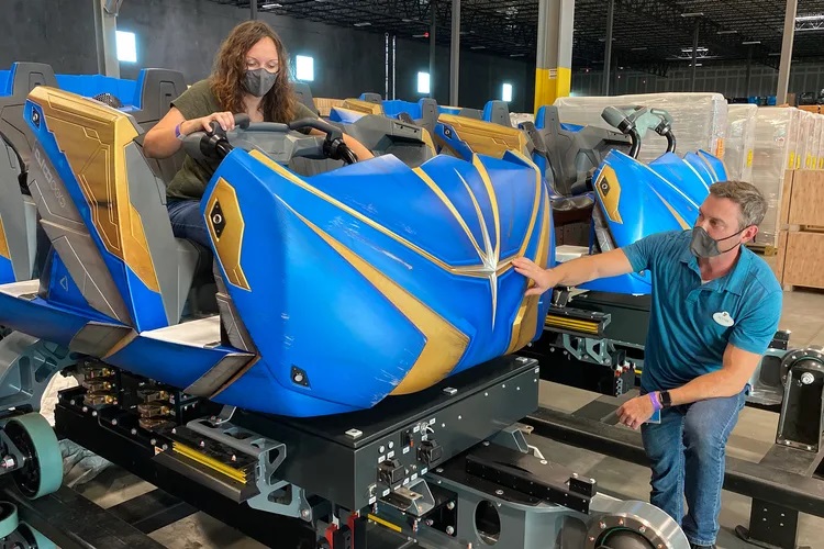 Disney Imagineers inspect the Omnicoaster vehicles for Guardians of the Galaxy: Cosmic Rewind, coming to EPCOT at Walt Disney World Resort in Lake Buena Vista, Fla. This new adventure will feature a first-of-its-kind programmable roller coaster ride system, where guests can be rotated along the ride track in any direction while traveling at high speeds. (Disney)