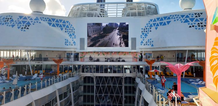 Largest outdoor movie screen on a cruise ship. Wonder of the Seas. Photo by Susan J. Young.