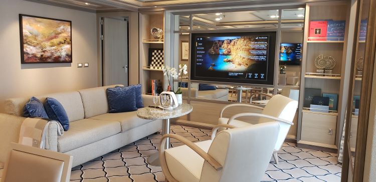 Living area of an Owner's Suite on Silversea's Silver Dawn. Photo by Susan J. Young.