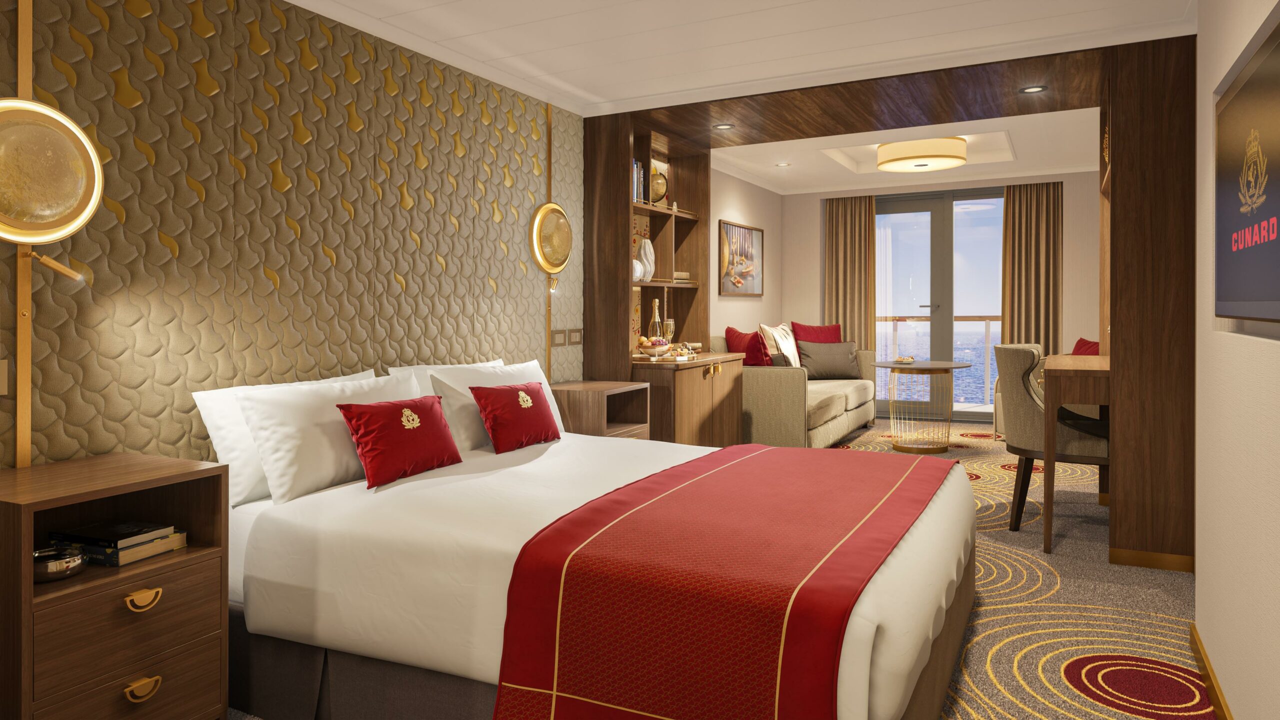 The new design of a Princess Grill Suite on Cunard Line's new Queen Anne. Photo by Cunard. 