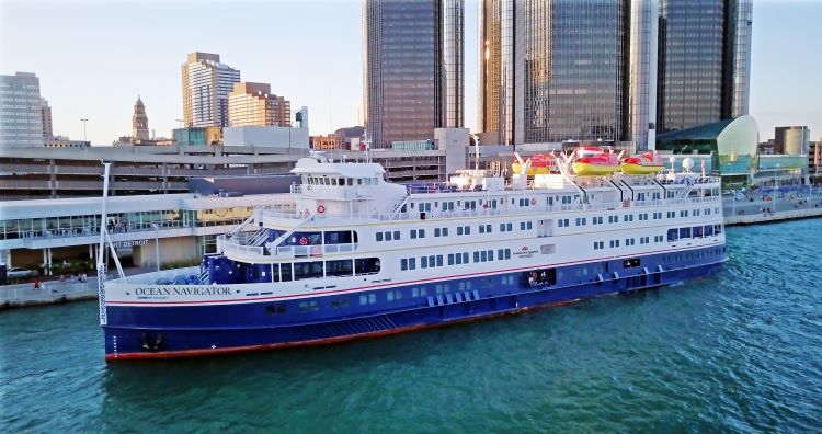 American Queen Voyages' Ocean Navigator is shown docked at Detroit, MI, during a Great Lakes cruise. Photo by American Queen Voyages.