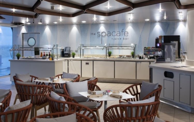 Staying fit on a cruise is easy with such options as a spa cafe with healthy food choices; Celebrity's spa cafe for its Edge-class ships is shown above. Photo by Celebrity Cruises. 