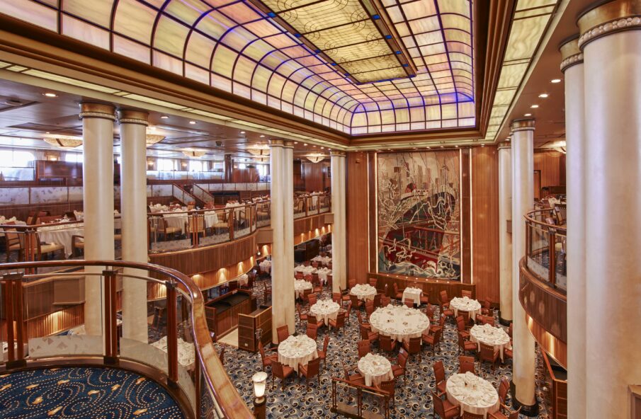 The Britannia Restaurant on Queen Mary 2 exudes elegance, Art Deco styling and an aura of the Golden Age of Cruising. Photo by Cunard.