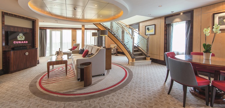 Queen Mary 2's Grand Duplex Apartment, a Queens Grill Suite, is shown above. Photo by Cunard Line. 