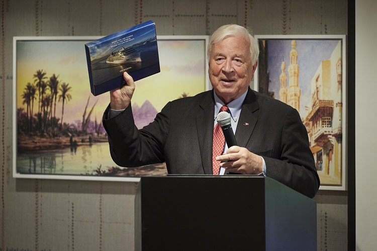 Torstein Hagen, chairman of Viking, talks to guests at the Viking Osiris christening in Luxor, Egypt in August 2022. Photo by Viking.