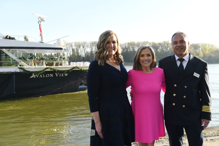 Pictured (left to right): President of Avalon Waterways Pam Hoffee; Godmother Meredith Vieira; Ship Captain Ambrose Manolache. The trio are shown at the christening of the Avalon View in 2022 on the Danube River. Photo by Avalon Waterways.