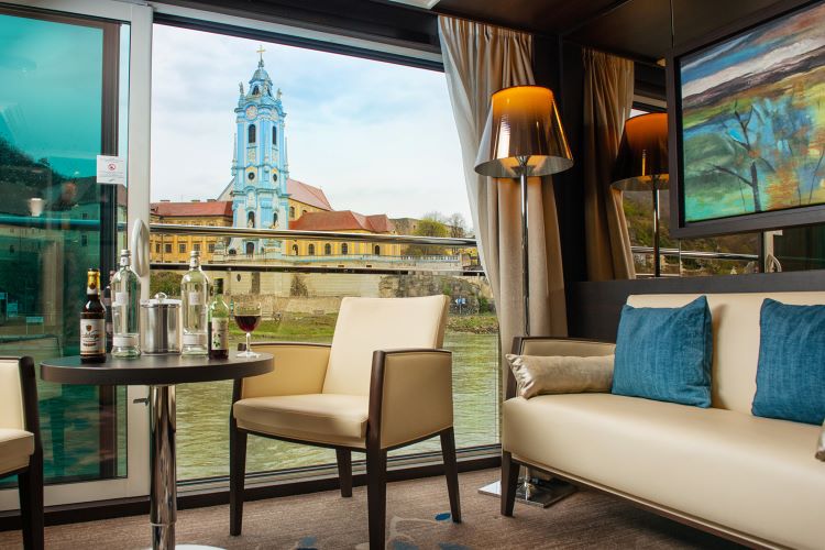 A Royal Suite on a Panorama-class "Suite Ship" of Avalon Waterways is shown on the Danube River. Photo by Avalon Waterways.