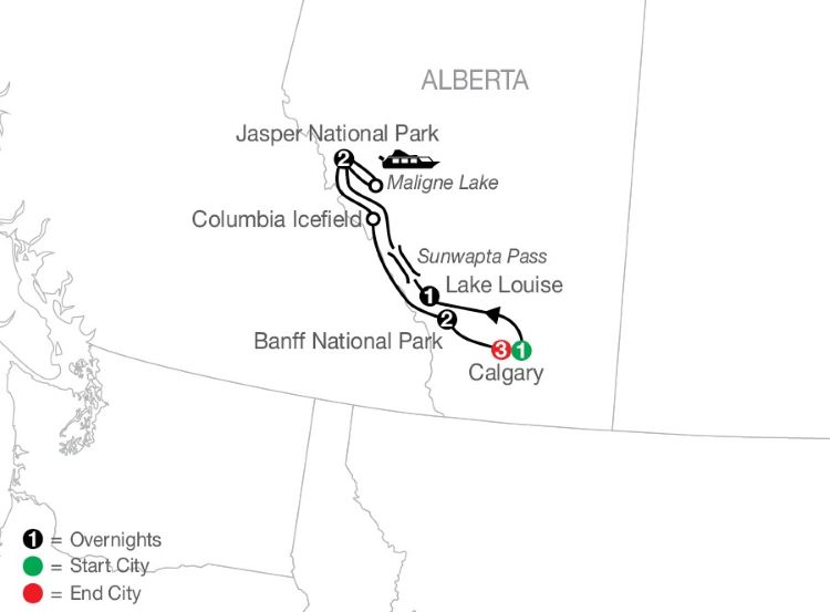 Map of the Globus 10-day "Great Resorts of the Canadian Rockies with Calgary Stampede." Photo/drawing by Globus.