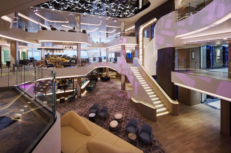 The three-level Atrium of the new, 3,100-passenger Norwegian Prima. Photo by Norwegian Cruise Line. 