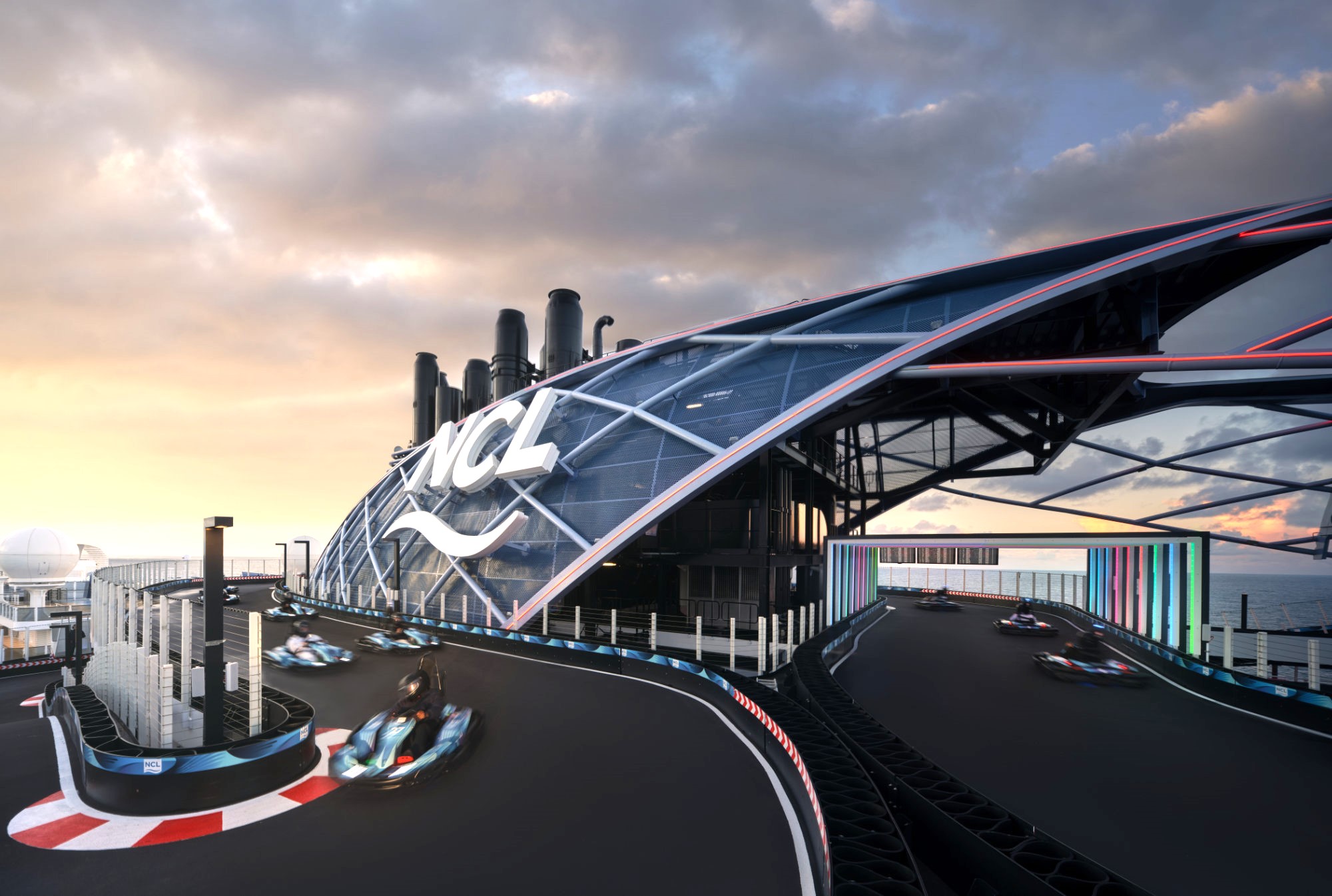 Norwegian Prima's racetrack is shown at twilight; it's a three-level track. Photo by Norwegian Cruise Line. 