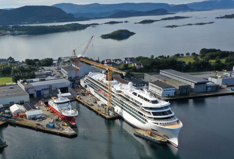 Viking Polaris in a Norwegian shipyard, just before its christening in Amsterdam. Photo by Viking. 