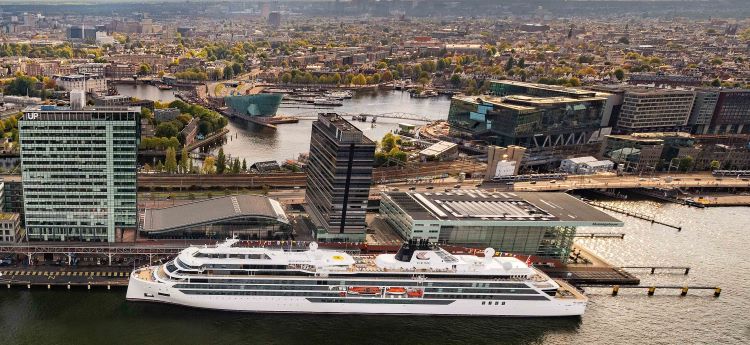 Viking Polaris is shown in the Port of Amsterdam. It's the second Viking expedition ship. Photo by Viking. 