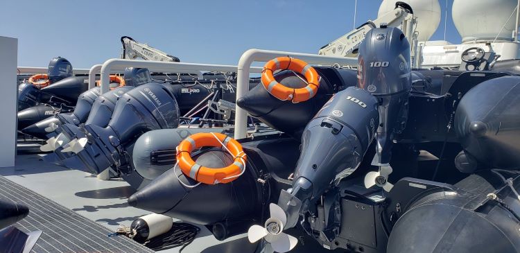 A fleet of 24 Zodiacs occupies the top deck of Seabourn Venture. Photo by Susan J. Young.