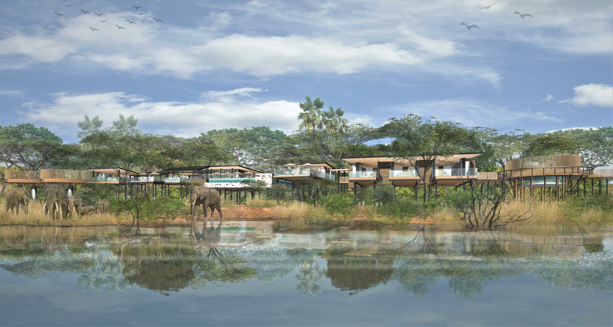 New tree-level, stilted lodges and villas are being constructed at the new Six Senses Victoria Falls on the Zambezi River. Photo by Six Senses Hotels, Resorts and Spas.