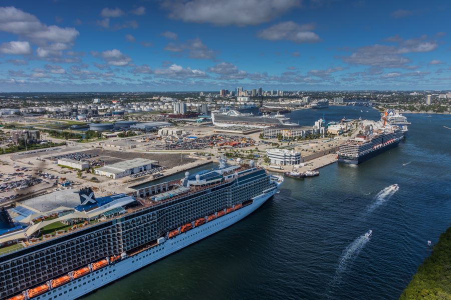 Cruise ships docked at Port Everglades, FL, in the Greater Fort Lauderdale area. Photo by Port Everglades.