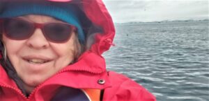 The Meandering Traveler's intrepid explorer, Susan J. Young, is shown on a Zodiac expedition outing in Antarctica. Photo by Susan J. Young. 