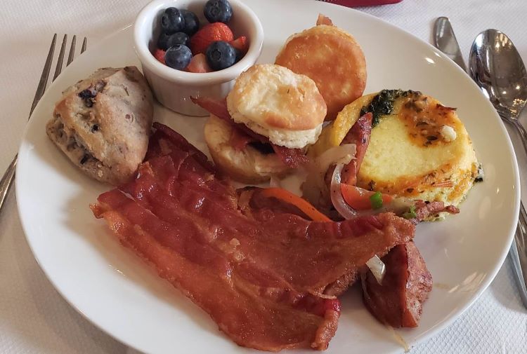 Photo of a plate of food we "sampled" at the new brunch on American Queen. Photo by Susan J. Young.