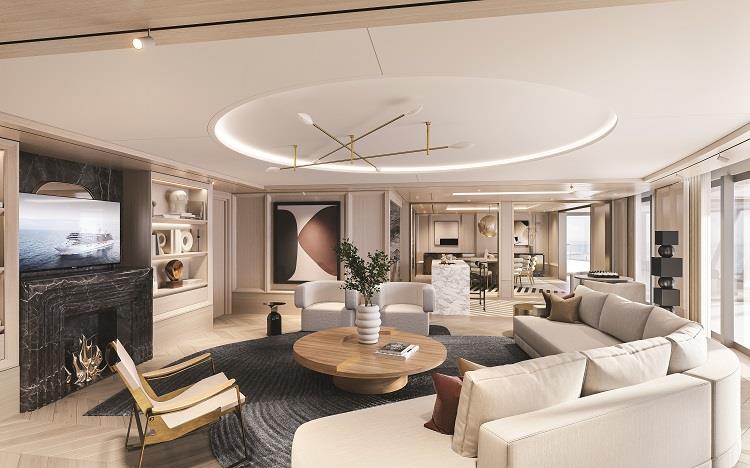 The living room area of the Regent Suite on Seven Seas Grandeur. Photo by Regent Seven Seas Cruises. 