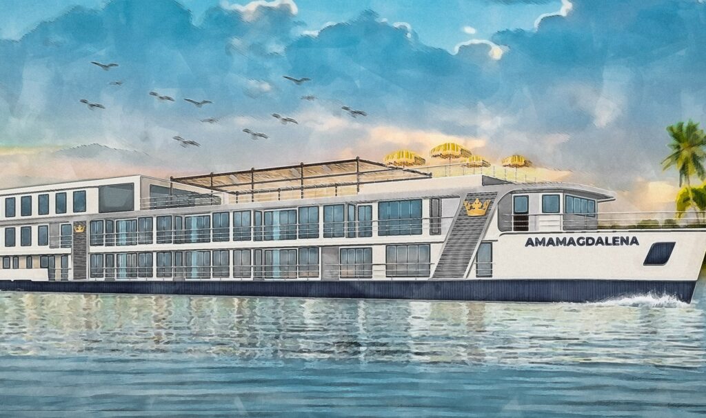 AmaMagdalena will set sail for AmaWaterways in 2024 on Colombia's Magdalena River. Artist Rendering by AmaWaterways.