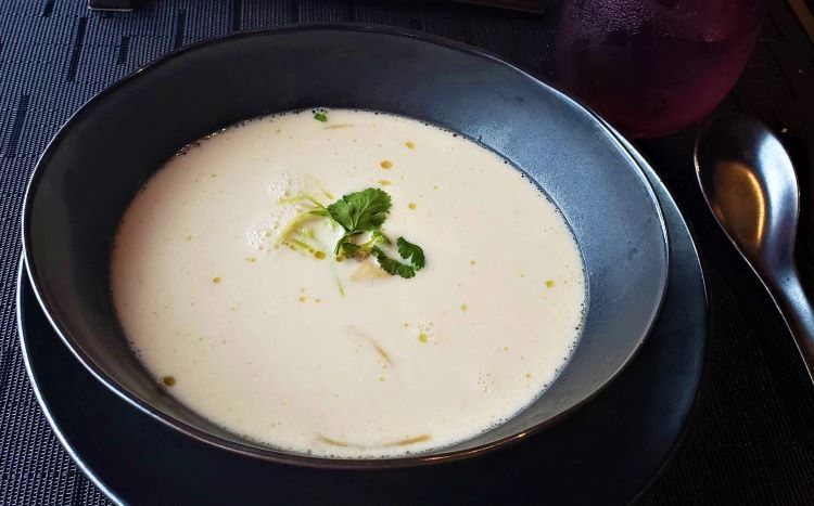 Tamarind Restaurant onboard Holland America Line's Rotterdam has a wonderful Pan-Asian restaurant, Tamarind. Here is Tom Kha Kai sweet-and-sour soup with coconut chicken, bean sprouts and chili oil.