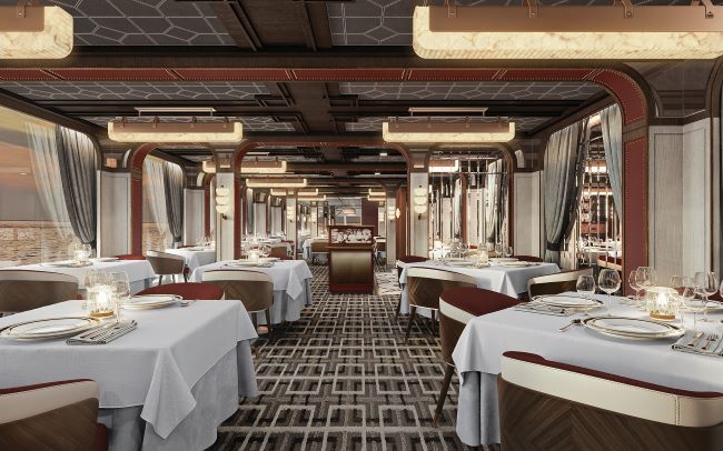 Main dining area of Prime 7 steakhouse on Regent Seven Seas Cruises' Seven Seas Grandeur. Credit Line: Photo by James Arnold, courtesy of Regent Seven Seas Cruises. 