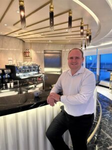 Michael Steudle, VP of leisure sales, Pavlus Travel, likes Barristas on the Oceania Vista as one of his favorites spots. Photo by Michael Steudle.
