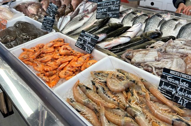 Fresh fish and seafood at the market at Ajaccio, Corsica. Photo by Shelby Steudle.