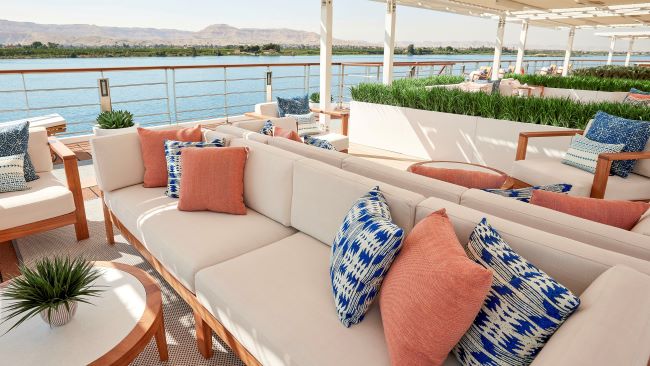 Shaded sofas on Viking Osiris' Sun Deck, perfect for viewing NIle River scenery while floating along. Photo by Viking. 