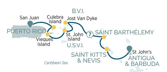 Among our cruise tidbits is a Caribbean journey on Emerald Cruises with a guest chef aboard. Here's a map of that itinerary from San Juan, Puerto Rico, to St. John's, Antigua, Antigua and Barbuda, during a special gastronomic voyage hosted by Chef Ben Robinson. Photo by Emerald Cruises. 