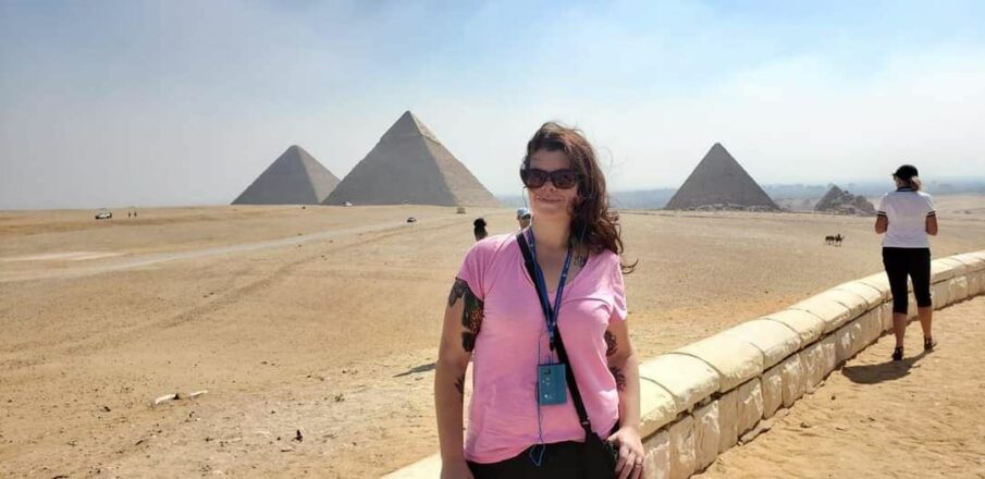 Personal travel planner Victoria Hill of Pavlus Travel loves Egypt and says it's one of her travel passions. Here's she shown at the Great Pyramids on the Giza Plateau. Photo by Victoria Hill.
