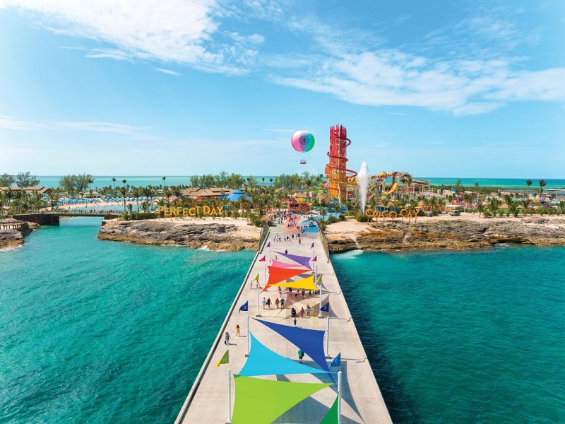 The pier entrance to Perfect Day at CocoCay. For the first time in 2024, Celebrity Cruises will call at this private island experience with two ships. Photo by Celebrity Cruises.