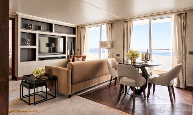 Crystal Serenity has a new suite category, Junior Crystal Penthouse Suite. Here's the living and dining area. Photo by Crystal. 