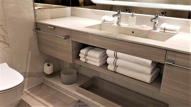 The bathroom vanity in a Deluxe Veranda Suite on Silver Nova. Photo by Susan J. Young.