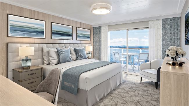 A balcony stateroom of American Eagle, the first of 12 Coastal Cats or catamarans is shown above. Look for elegant, contemporary design by Studio DADO. Photo by American Cruise Lines. 