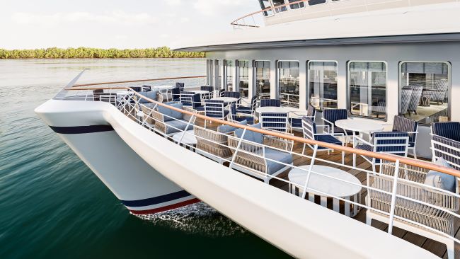 The bow lounge and terrace on American Cruise Lines' Coastal Cats or catamarans. Photo by American Cruise Lines. 