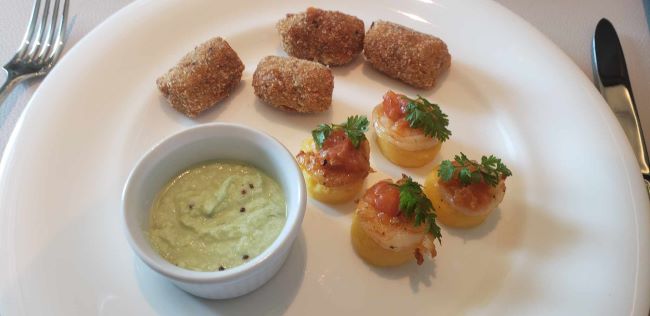 A plate of hot canapes served one night on Silver Nova. Photo by Susan J. Young. 