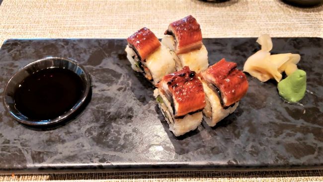 This yummy Dragon Roll was served in Kaiseki, s specialty Asian dining venue on Silver Nova. Photo by Susan J. Young. 
