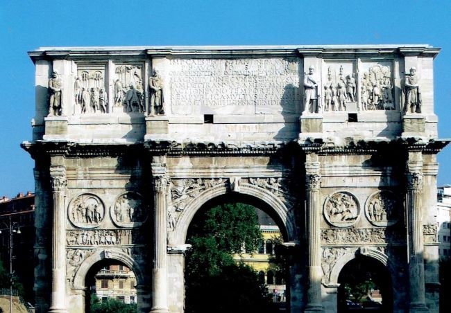 The top portion of the Arch of Constantine shows the ornate detail on this celebratory arch. Photo by Susan J. Young.