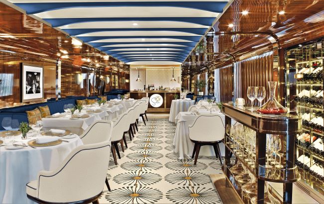 Here's a rendering of the interior of the new Solis, a Mediterranean fine dining restaurant, on Seabourn's classic ships.