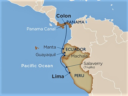 In the latest travel news, Windstar Cruises' Star Pride will operate the line's first ever South America voyages. The itinerary, from Panama to Peru will include a five-night pre- or post-cruise Machu Picchu tour and guests can also choose an optional Galapagos mid-cruise tour. Photo/map by Windstar Cruises.