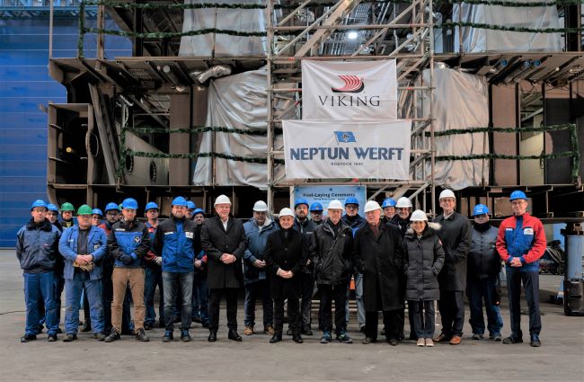 In expansion of its river fleet, Viking held a keel laying ceremony -- a maritime tradition -- this week at Neptun Werft shipyard. in Rostock, Germany. Viking's Chairman Torstein Hagen is shown second from right in the front row. Photo by Viking. 