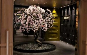 Pacific Rim specialty dining venue on Regent Seven Seas Cruises new Seven Seas Grandeur. Cherry blossom tree art piece at the restaurant's entrance is shown above. Photo by Susan J. Young.